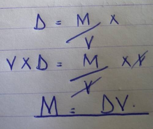 Solve this equation, D=M/V solve for M