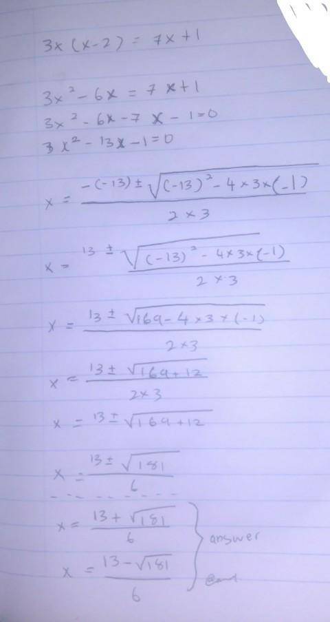 Linear term in quadratic equation 3x(x-2) = 7x + 1