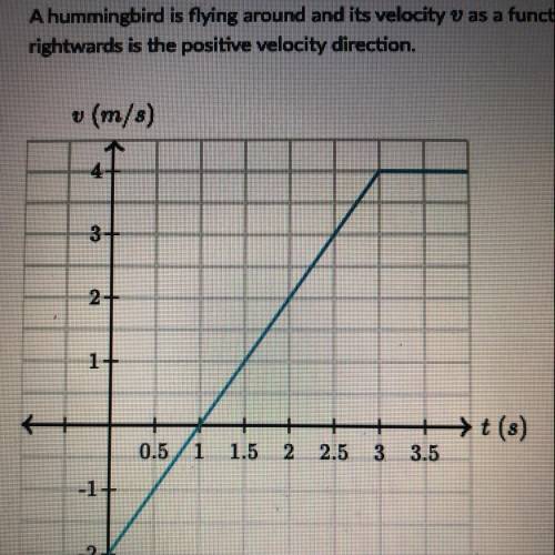 A hummingbird is flying around and its velocity v as a function of time t is given in the graph bel