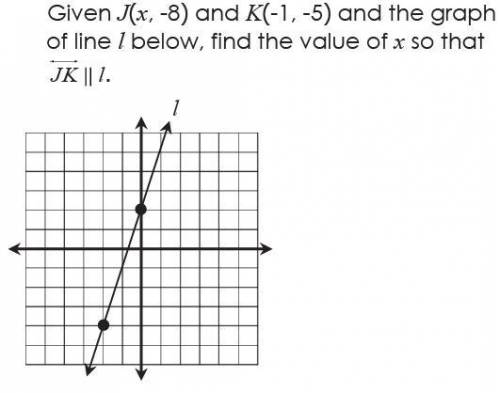 Given J (x - 8) and K (-1, -5) and the graph on line L below, find the value of x so that JK II L
