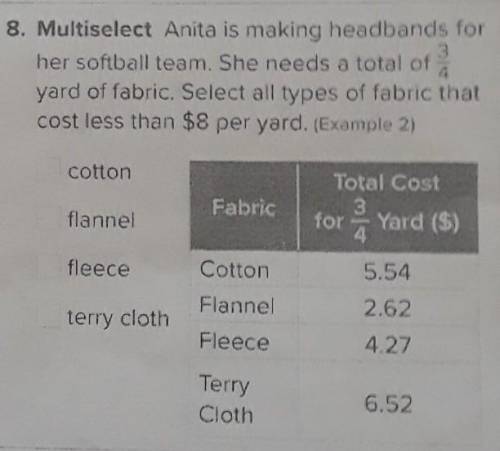 Anita is making headbands for her softball team. She needs a total of 3/4 yard of fabric. Select al