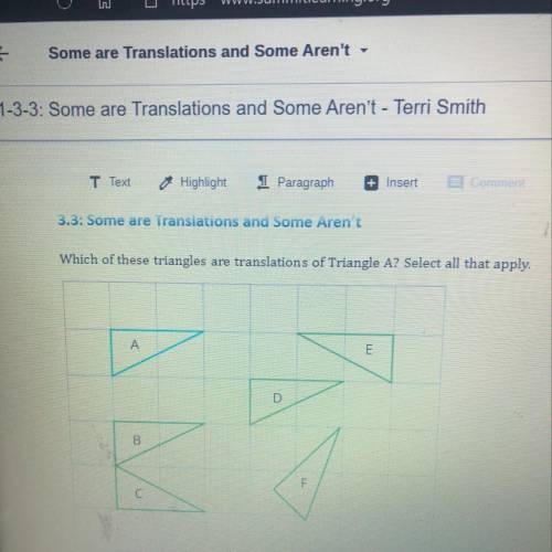 3.3: Some are Translations and Some Aren't

Which of these triangles are translations of Triangle