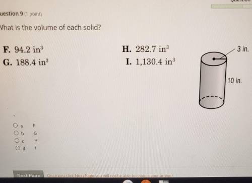 What is the volume of each solid? 3 in. F. 94.2 in G. 188.4 in H. 282.7 in I. 1,130.4 in 10 in. . a