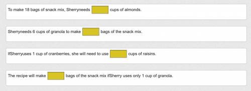 Sherry is making snack mix for a school field trip.

The recipe shows the amount of each ingredien