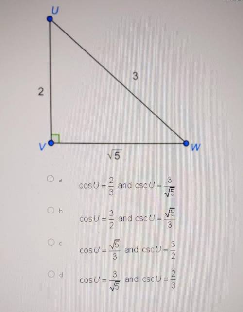 Given the right triangle below, what are the values of cosU and cscU?