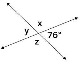 Find x, y, and z.

x=76°, y = 104°, z = 104°
x=104°, y = 104°, z = 76°
x=104°, y = 76°, z = 76°
x=