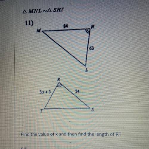 Find the value of x and then find the length of RT
RT =
X=