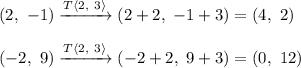 (2,\ -1)\xrightarrow{T\left}(2+2,\ -1+3)=(4,\ 2)\\\\(-2,\ 9)\xrightarrow{T\left}(-2+2,\ 9+3)=(0,\ 12)