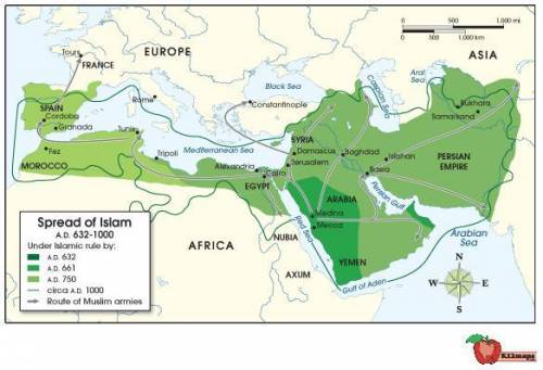 The following map shows the spread of Islam from 632 A.D. (CE) to 1000 A.D. (CE). Use the map to an