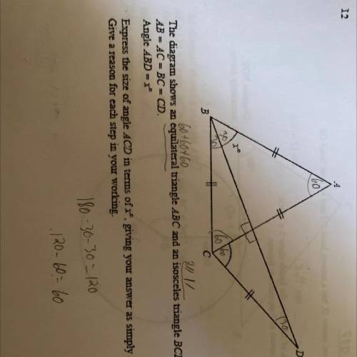 The diagram shows an equilateral triangle ABC and an isosceles triangle BCD.

AB = AC=BC=CD.
Angle