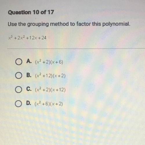 Use the grouping method to factor this polynomial.
x2 + 2x2 +12x + 24
M