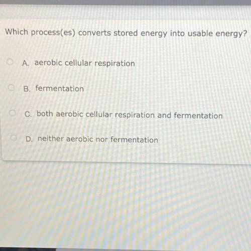 Which process(es) converts stored energy into usable energy?

0
A. aerobic cellular respiration
0