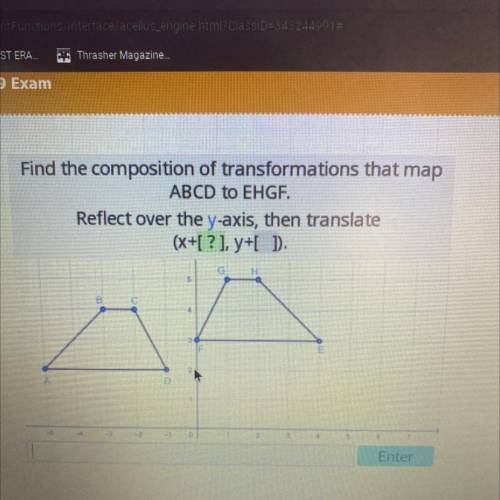 Find the composition of transformations that map

ABCD to EHGF.
Reflect over the y-axis, then tran