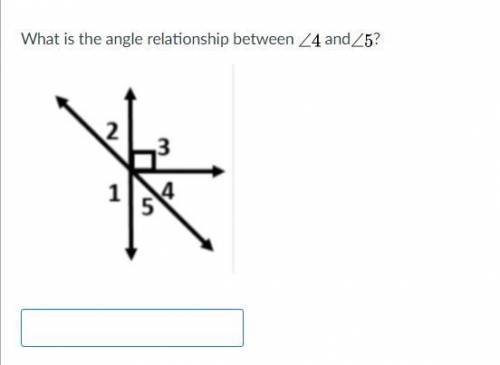 What is the angle relationship between LaTeX: \angle4∠ 4 andLaTeX: \angle5∠ 5?