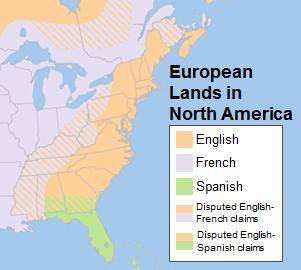 A map of European Lands in North America and legend key listing English, French, Spanish, Disputed