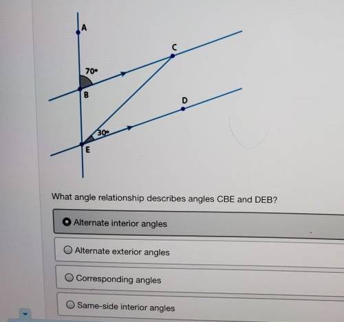 What angle relationship Describes angles CBE and DEB? I need answered back quick