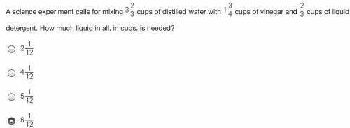 A science experiment calls for mixing 3 and two-thirds cups of distilled water with 1 and three-fou