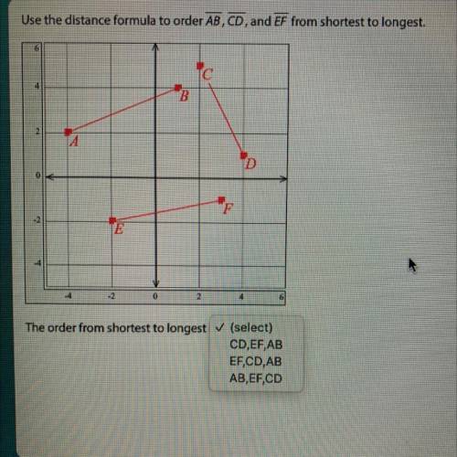 Use the distance formula to order AB, CD, and EF from shortest to longest.