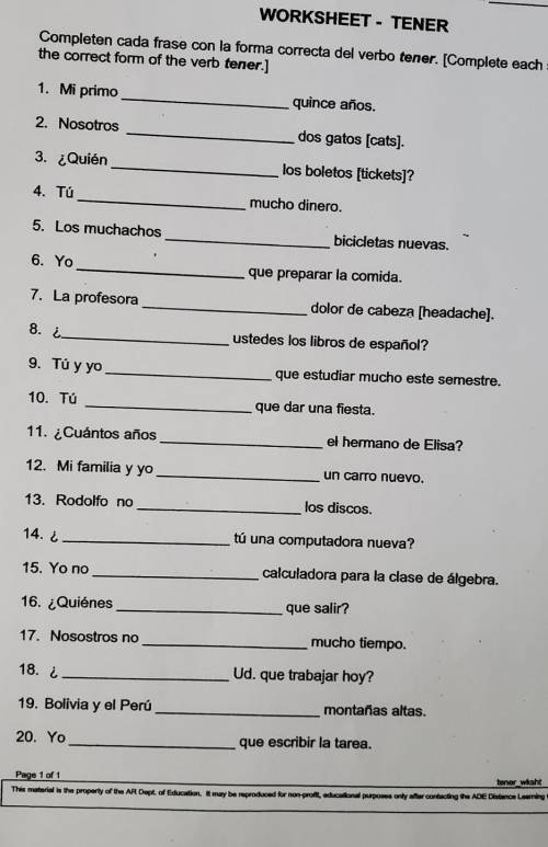 Complete cada frase con la forma correcta dep verbo tener(complete each sentence with the correct f