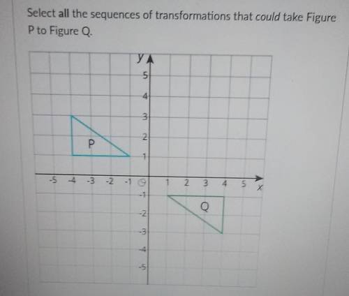 The question asks select all the sequences of transformations that could take figure P to figure Q