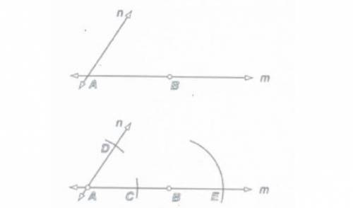A student was given lines m and n and was asked to construct a line parallel to n through point B.