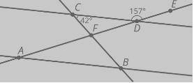 Lines AB and CD are parallel. Find the measures of the three angles in triangle ABF.