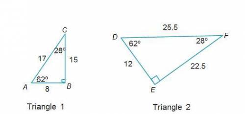 Triangles 1 and 2 are similar. What ratio relates a side length of triangle 1 to the corresponding