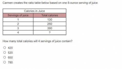 How many total calories will 4 servings of juice contain? 420 520 650 780