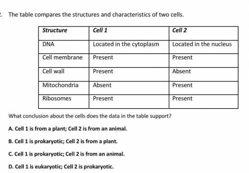 What conclusion about the cells does the data in the table support?

A. Cell 1 is from a plant; Ce