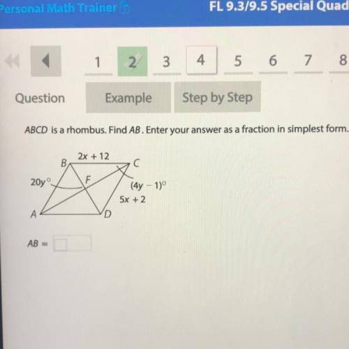 ABCD is a rhombus. Find AB. Enter your answer as a fraction in simplest form.

2x + 12
B)
C
20yº
(