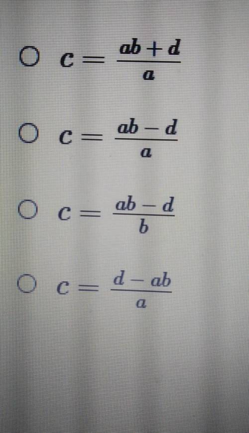 Solve for c a(b-c)=d