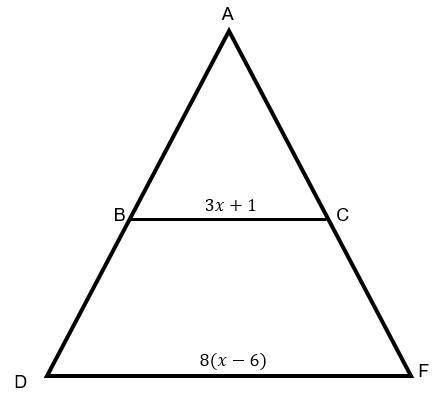(NEED DONE QUICK) Triangle ABC has a midsegment at DF and segment DF is parallel to segment BC.

W