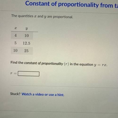 Please help ASAP! Need this for a test! Find the constant of proportionality (r) in the equation y