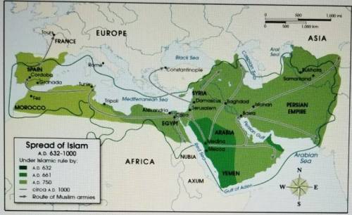 The following map shows the spread of Islam from 632 A.D. (CE) to 1000 A.D. (CE). Use the map to an
