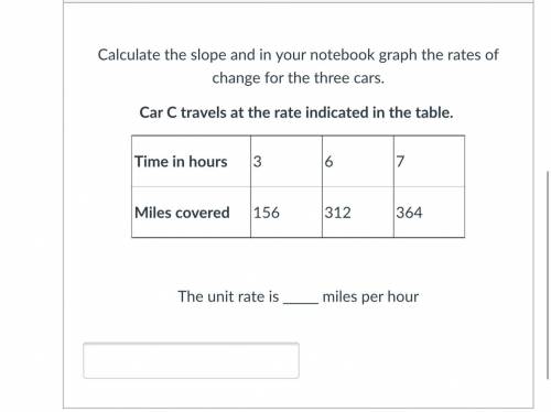 Please help!Calculate the slope and in your notebook graph the rates of change for the three cars.