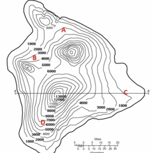 Look at the diagram How many peaks are on this shield volcano?

(A.) 4
(B.) 3 
(C.) 2 
(D.) 1