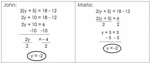 John and Maria solved the same equation using two different methods.

Compare and contrast John an