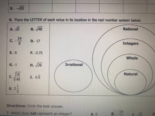 Place the letter of each value in its location in the real number system below