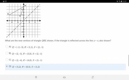 What are the new vertices of triangle QRS, shown, if the triangle is reflected across the line y =