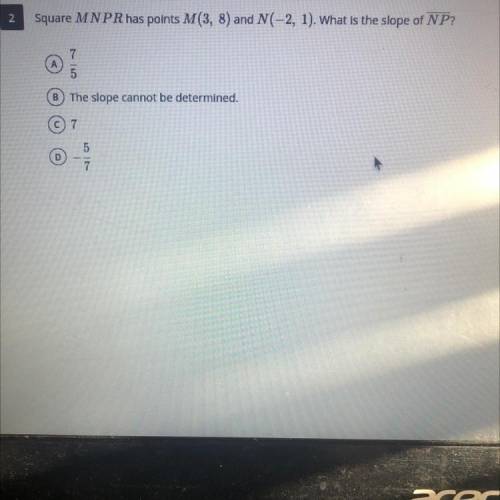 Square MNPR has points M(3, 8) and N(-2, 1). What is the slope of NP