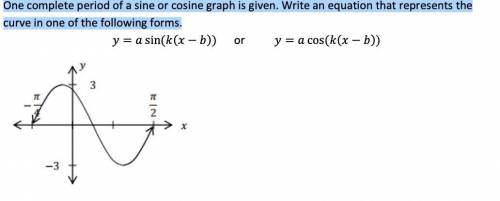 One complete period of a sine or cosine graph is given. Write an equation that represents the curve