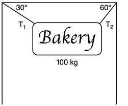 A 100.0-kg bakery sign hangs from two thin cables as shown.

What is the tension in each cable?