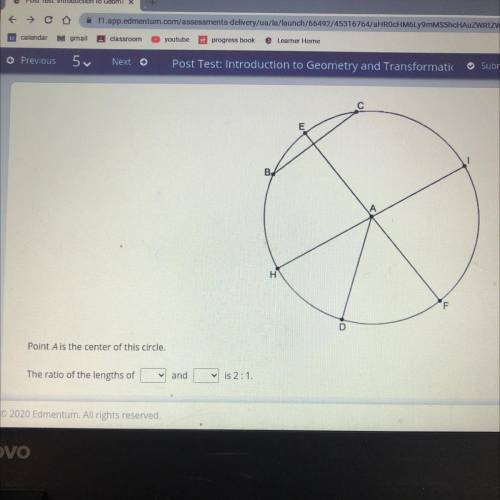 Point A is the center of this circle.
The ratio of the lengths of
and
is 2:1.