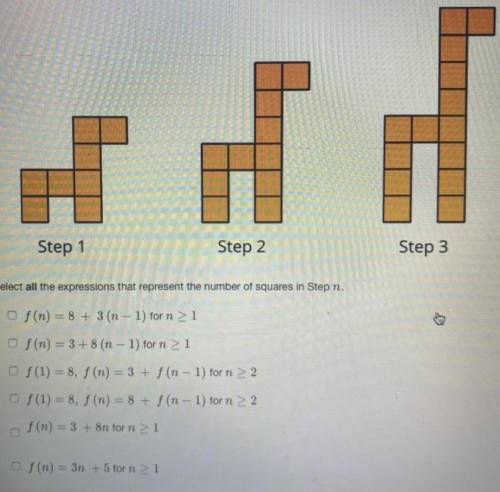 Step 1

Step 2
Step 3
Select all the expressions that represent the number of squares in Step n.
O