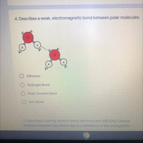 HELP PLEASE! WILL GIVE Describes a weak, electromagnetic bond between polar molecules. A.