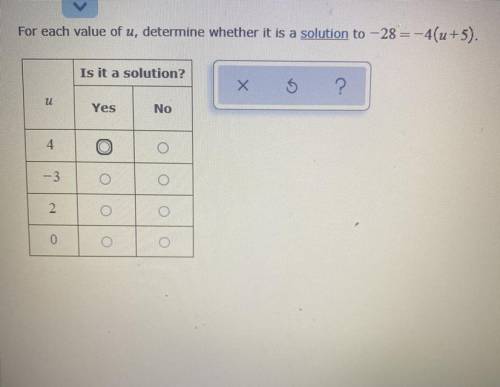 For each value of u, determine whether it is a solution to -28 = -4(u+5).
Is it a solution ?