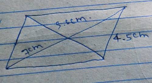 Construct a parellogram whose sides is given 4.5 cm and whose diagobals are 5.6 amd 7cm​