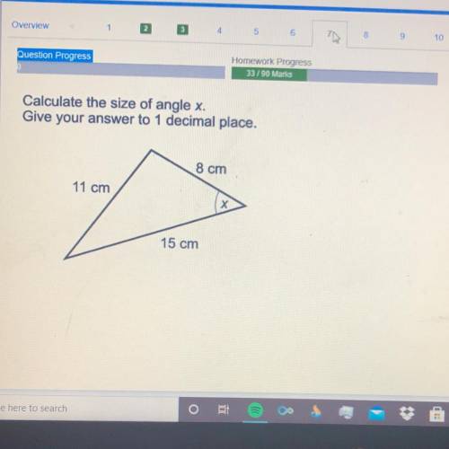 Calculate the size of angle x.

Give your answer to 1 decimal place.
8 cm
11 cm
х
15 cm