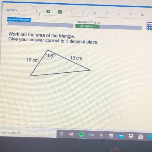 Work out the area of the triangle.

Give your answer correct to 1 decimal place.
105°
13 cm
10 cm