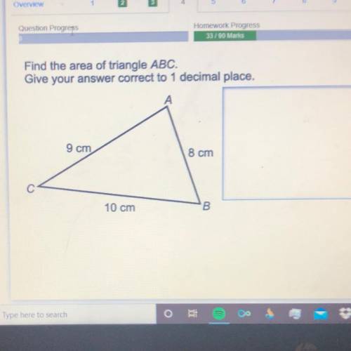 Find the area of triangle ABC.

Give your answer correct to 1 decimal place.
9 cm
8 cm
10 cm
B